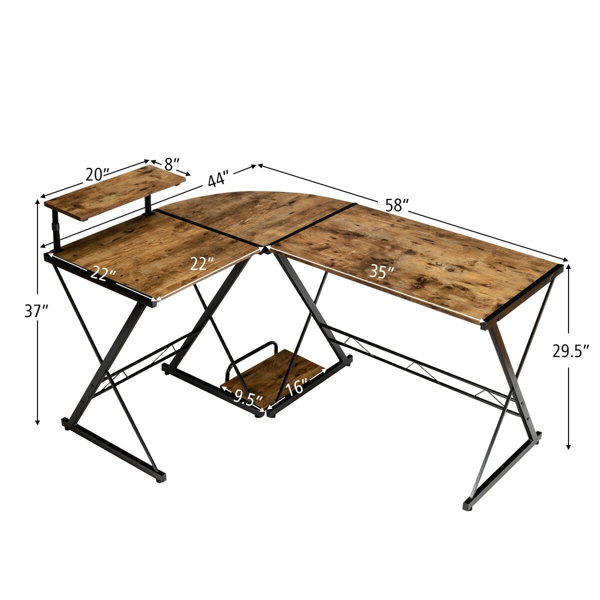L-Shaped Desk Reversible Corner Computer Desk with Movable Shelf and CPU Stand