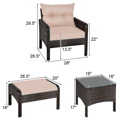 5-Piece Patio Rattan Sofa Set with Ottomans & Table