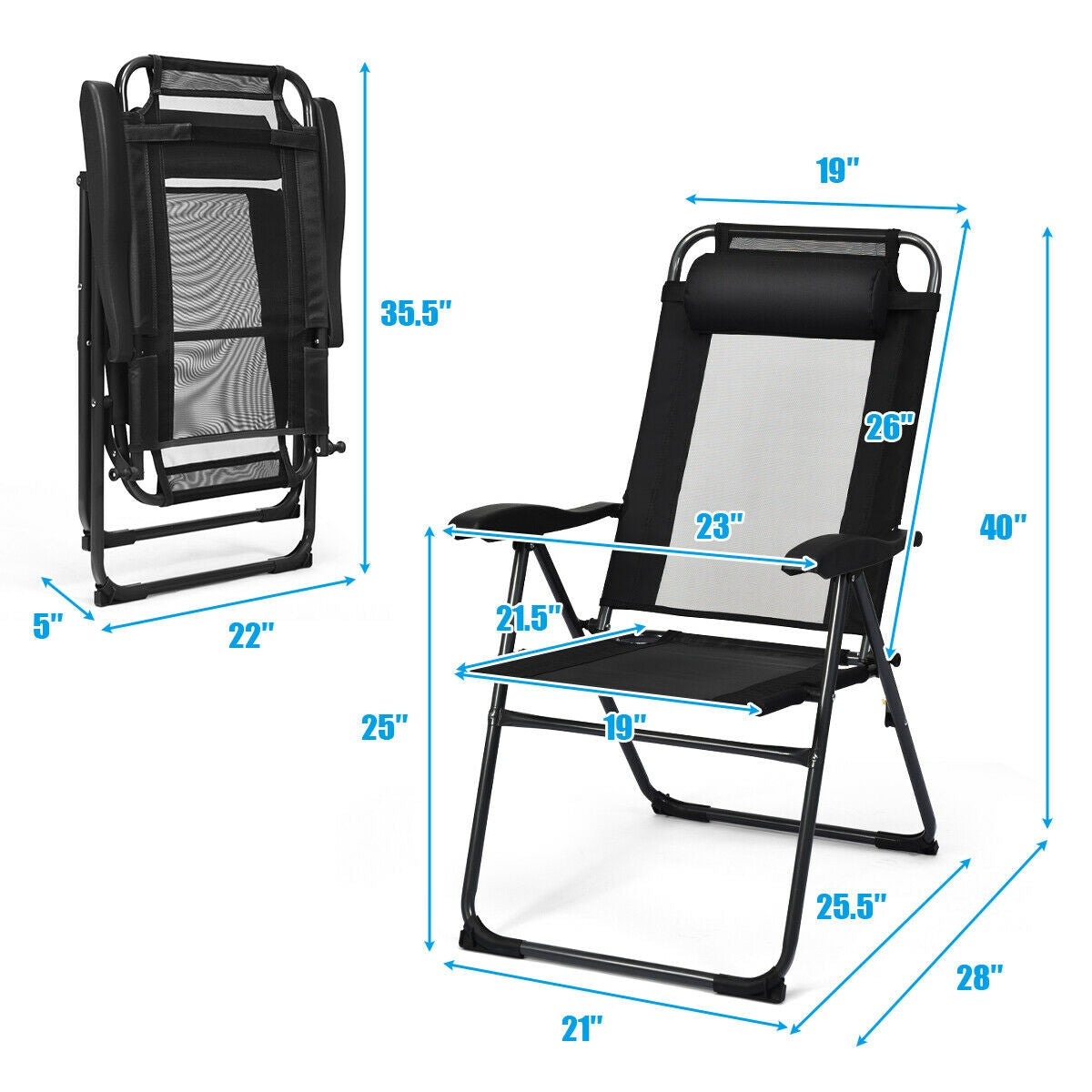 4 Pieces Patio Garden Adjustable Reclining Folding Chairs with Headrest