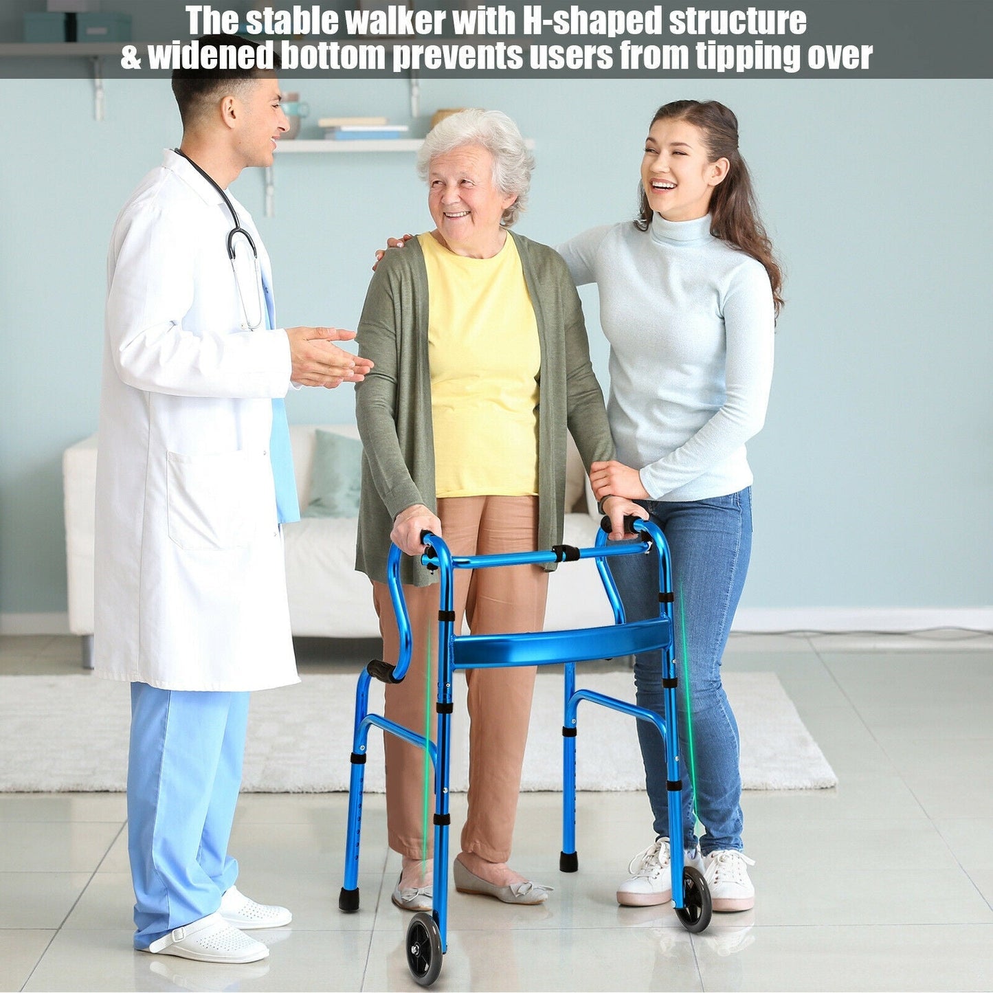 Adjustable Heavy-Duty Folding Walker with Unidirectional Wheels and Bi-Level Armrests-Black