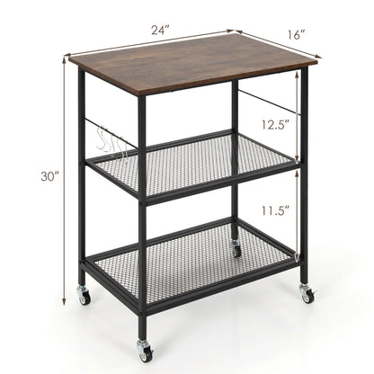 3-Tier Kitchen Serving Cart Utility Standing Microwave Rack with Hooks