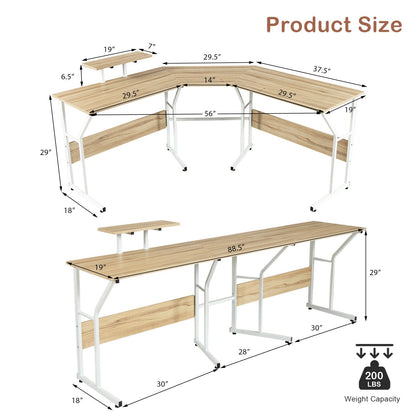 88.5 Inch L Shaped Reversible Computer Desk Table with Monitor Stand