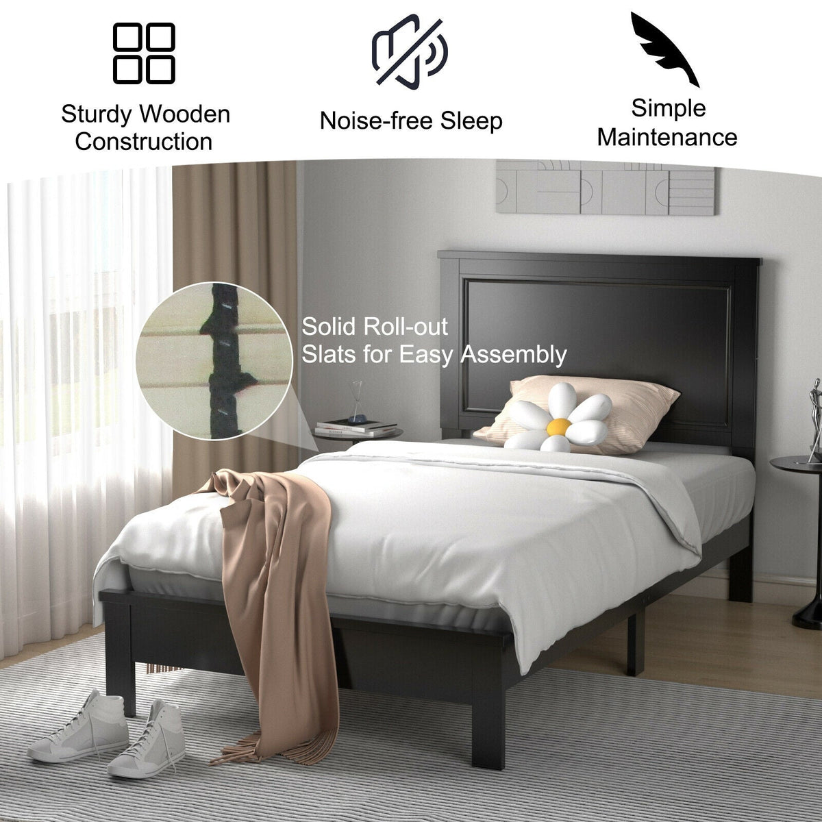 Twin Size Platform Bed Frame with Rubber Wood Leg-Black