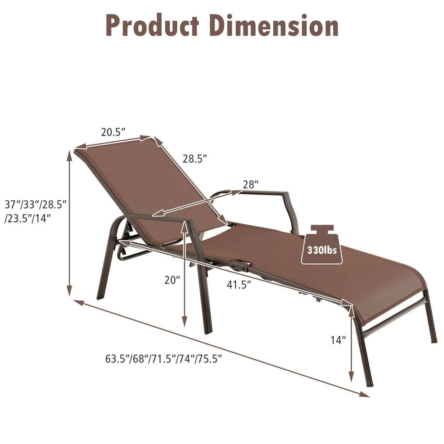 2 Pieces Patio Folding Chaise Lounge Chair Set with Adjustable Back-Brown