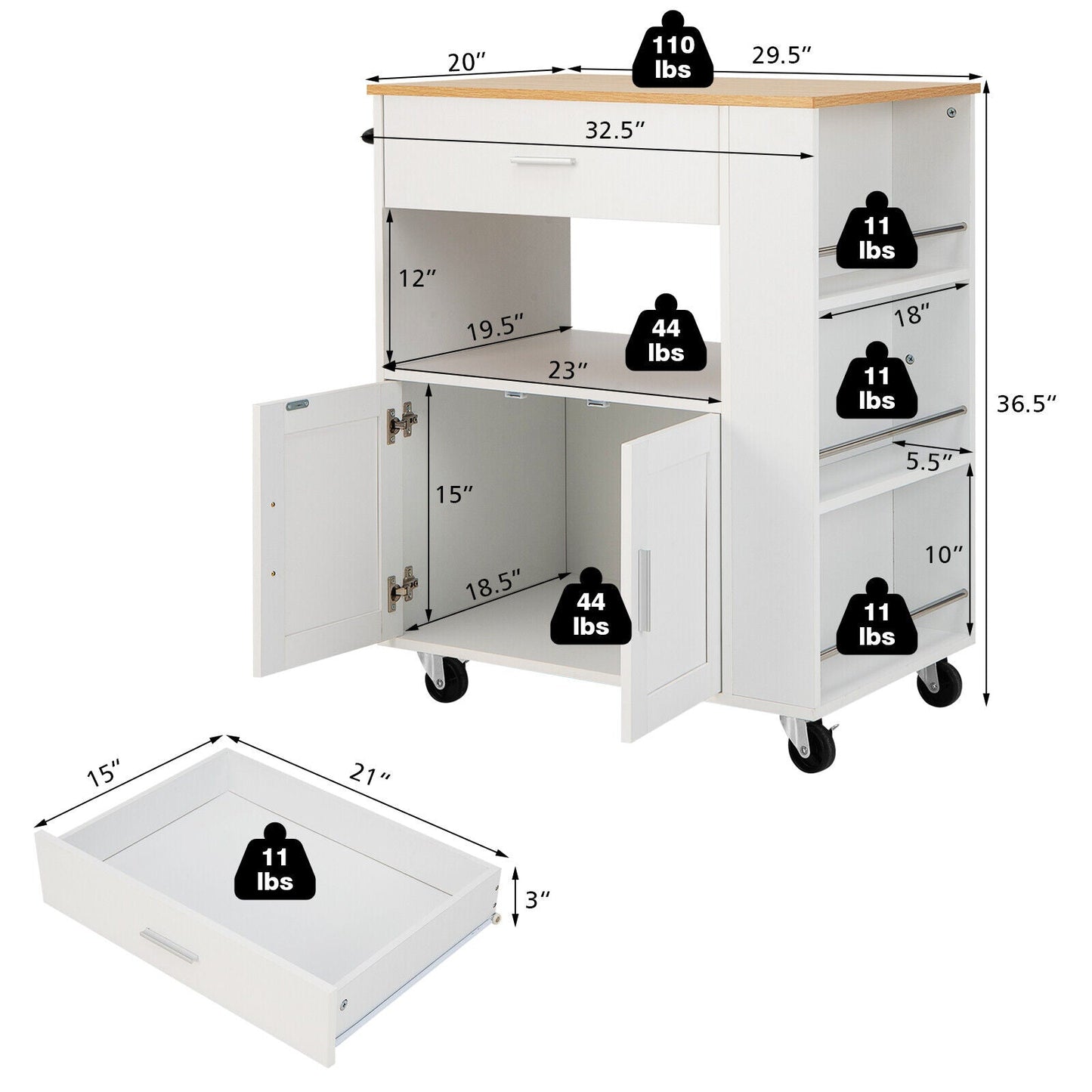 Rolling Kitchen Trolley with 3 Spice Racks Drawer and Open Shelf