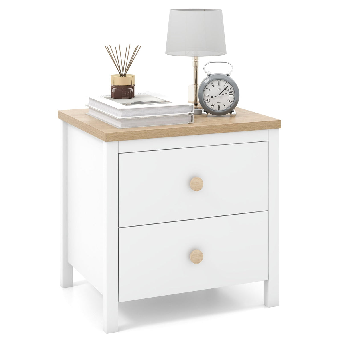 2-Drawer Nightstand with Rubber Wood Legs