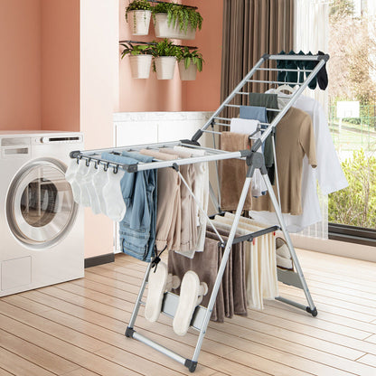 2-Layer Folding Clothes Drying Rack with 5-Level Adjustable Height