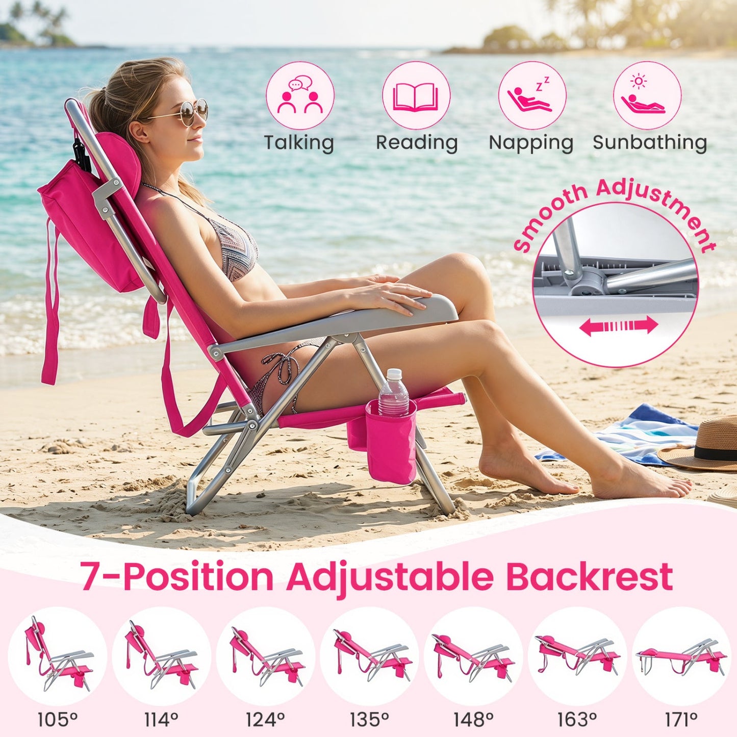 Folding Beach Chair with 7-Position Backrest & Cooler Bag