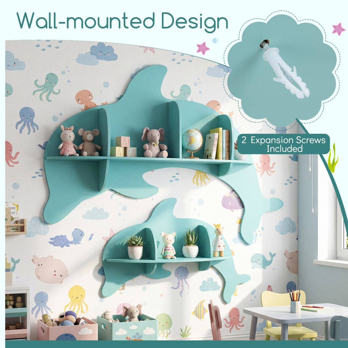 2 Pieces Floating Dolphin Shelves Wall Mounted Storage Display Rack