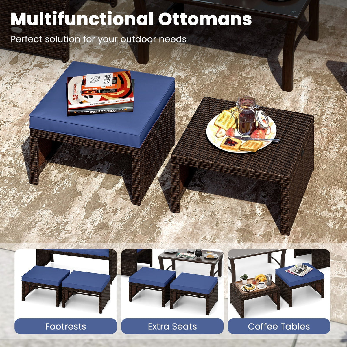 Multipurpose Outdoor 2 Pieces Patio PE Rattan Ottomans Footstool