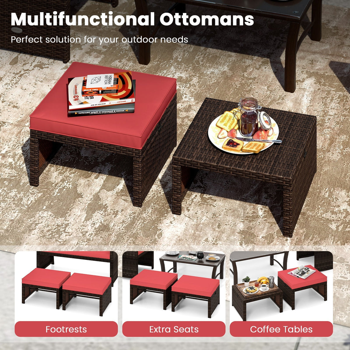 Multipurpose Outdoor 2 Pieces Patio PE Rattan Ottomans Footstool