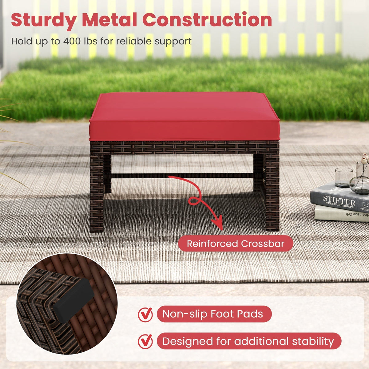 Multipurpose Outdoor 2 Pieces Patio PE Rattan Ottomans Footstool