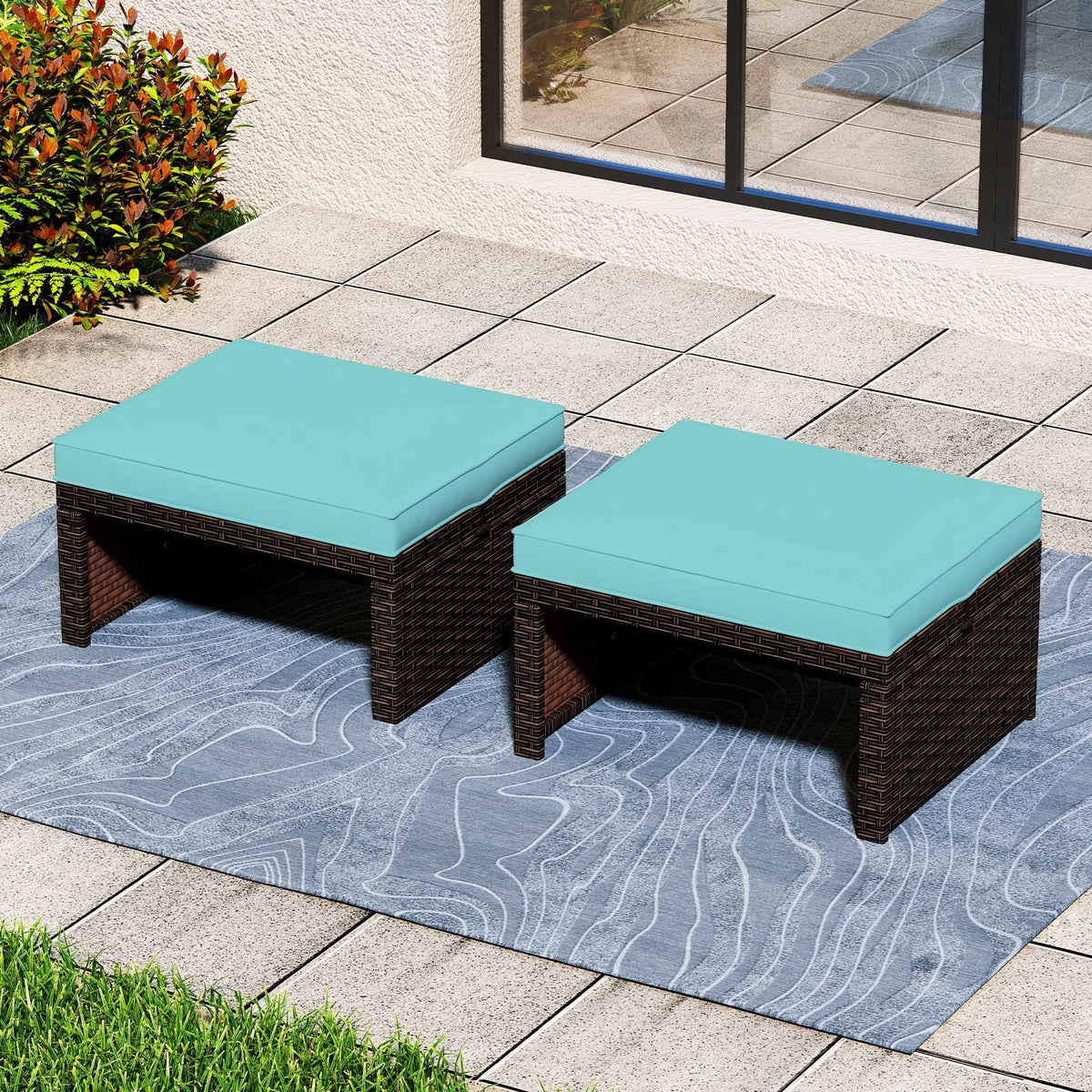 Multipurpose Outdoor 2 Pieces Patio PE Rattan Ottomans Footstool