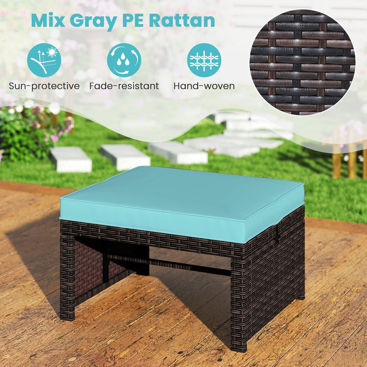 Multipurpose Outdoor 2 Pieces Patio PE Rattan Ottomans Footstool