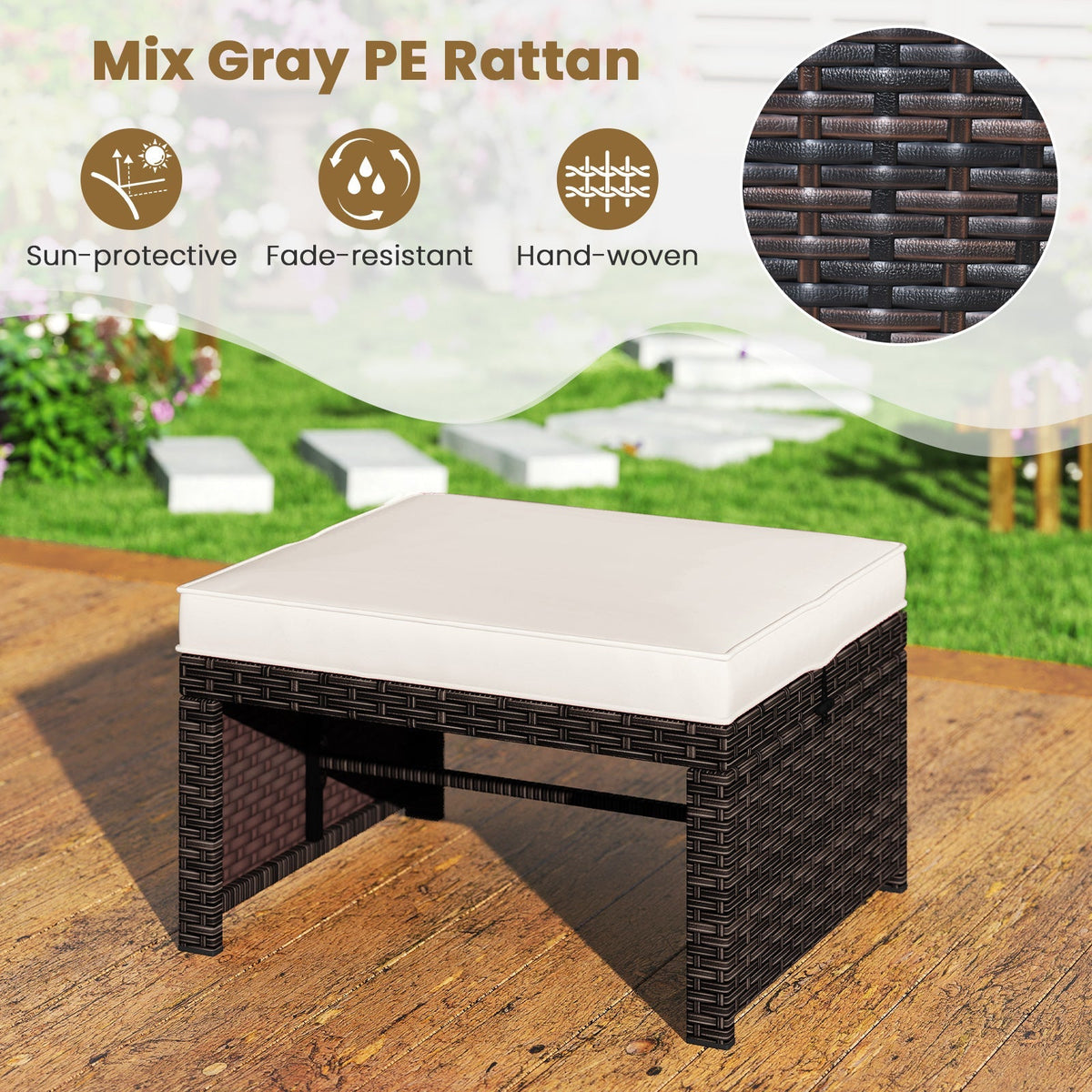 Multipurpose Outdoor 2 Pieces Patio PE Rattan Ottomans Footstool