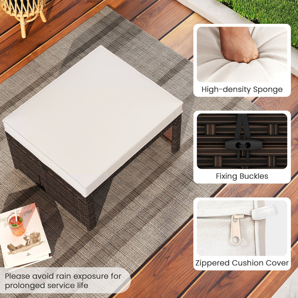 Multipurpose Outdoor 2 Pieces Patio PE Rattan Ottomans Footstool