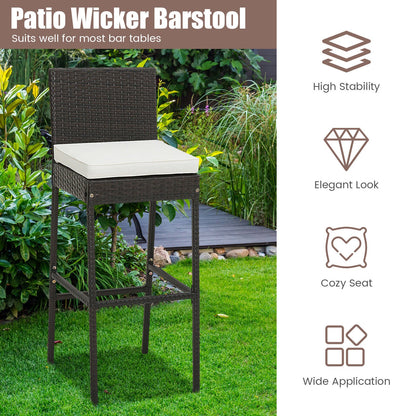 2 Pieces Patio Cushioned Wicker Barstools with Cozy Footrest