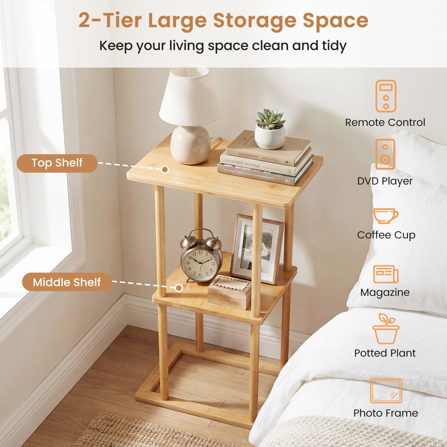 2 Pieces Side Table with Storage Shelves and Bamboo Construction-Natural