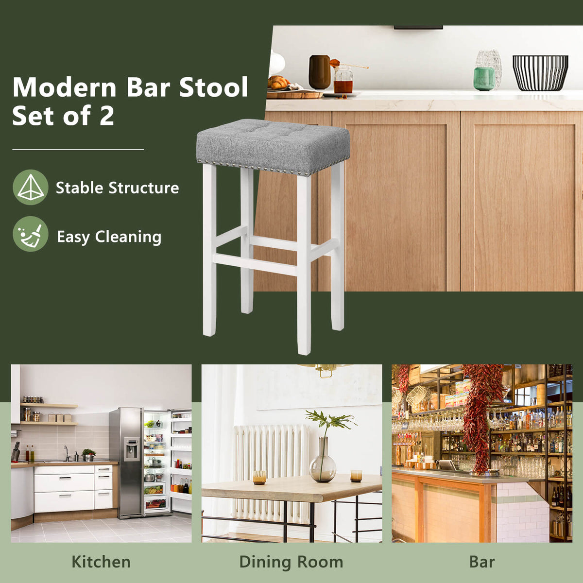 2 Pieces Counter Height Bar Stools with Sponge Padded Cushion