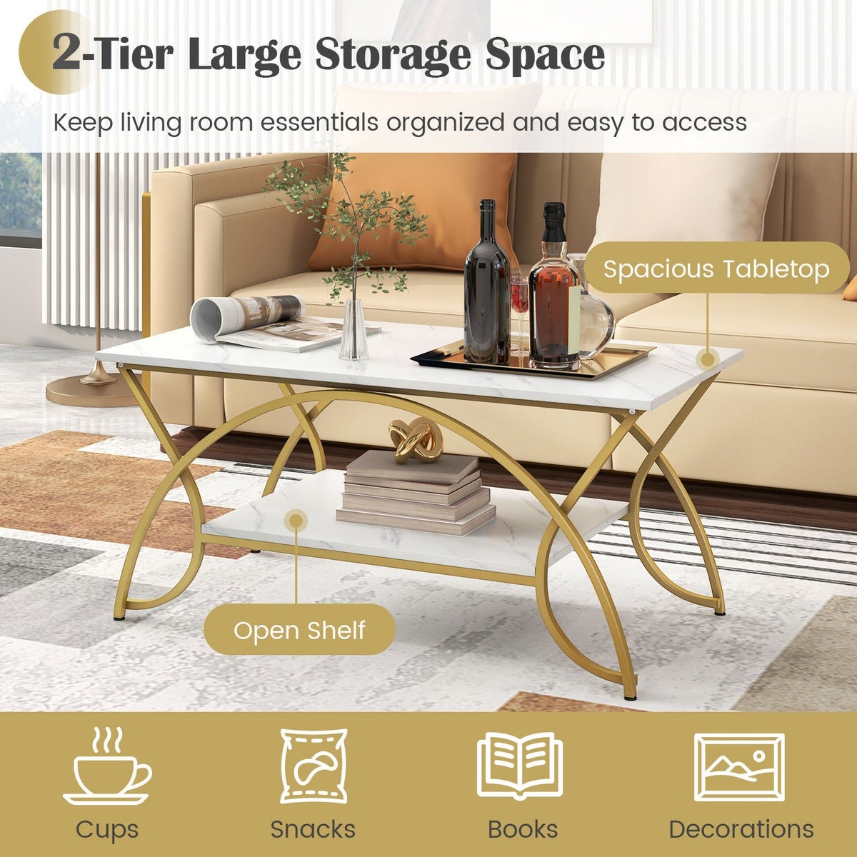 2-Tier Rectangle Coffee Table with Marble Pattern Top