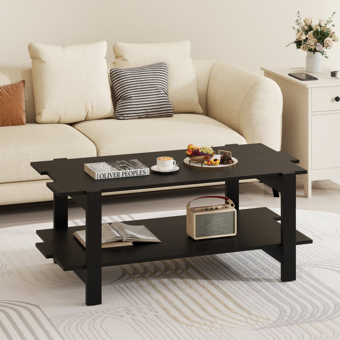 2-Tier Coffee Table Slatted Wood Center Table with Storage Shelf