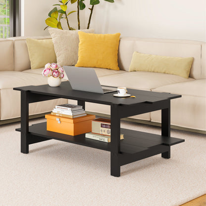 2-Tier Coffee Table Slatted Wood Center Table with Storage Shelf