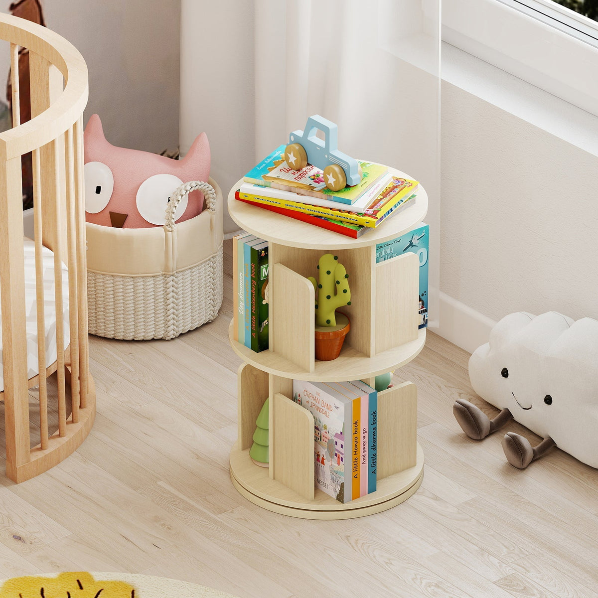 2-Tier Rotating Bookshelf with Dividers and Anti-falling Baffles
