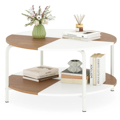 2-Tier Round Coffee Table Metal Frame with Storage Shelf