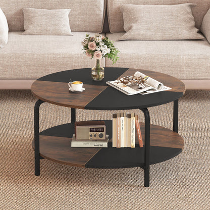 2-Tier Round Coffee Table Metal Frame with Storage Shelf