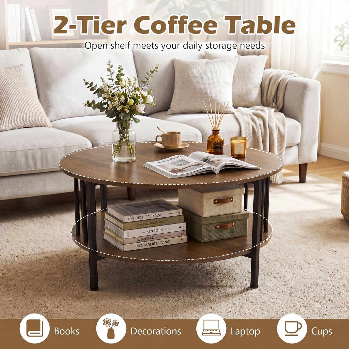 Round Coffee Table with Storage Shelf and Metal Frame