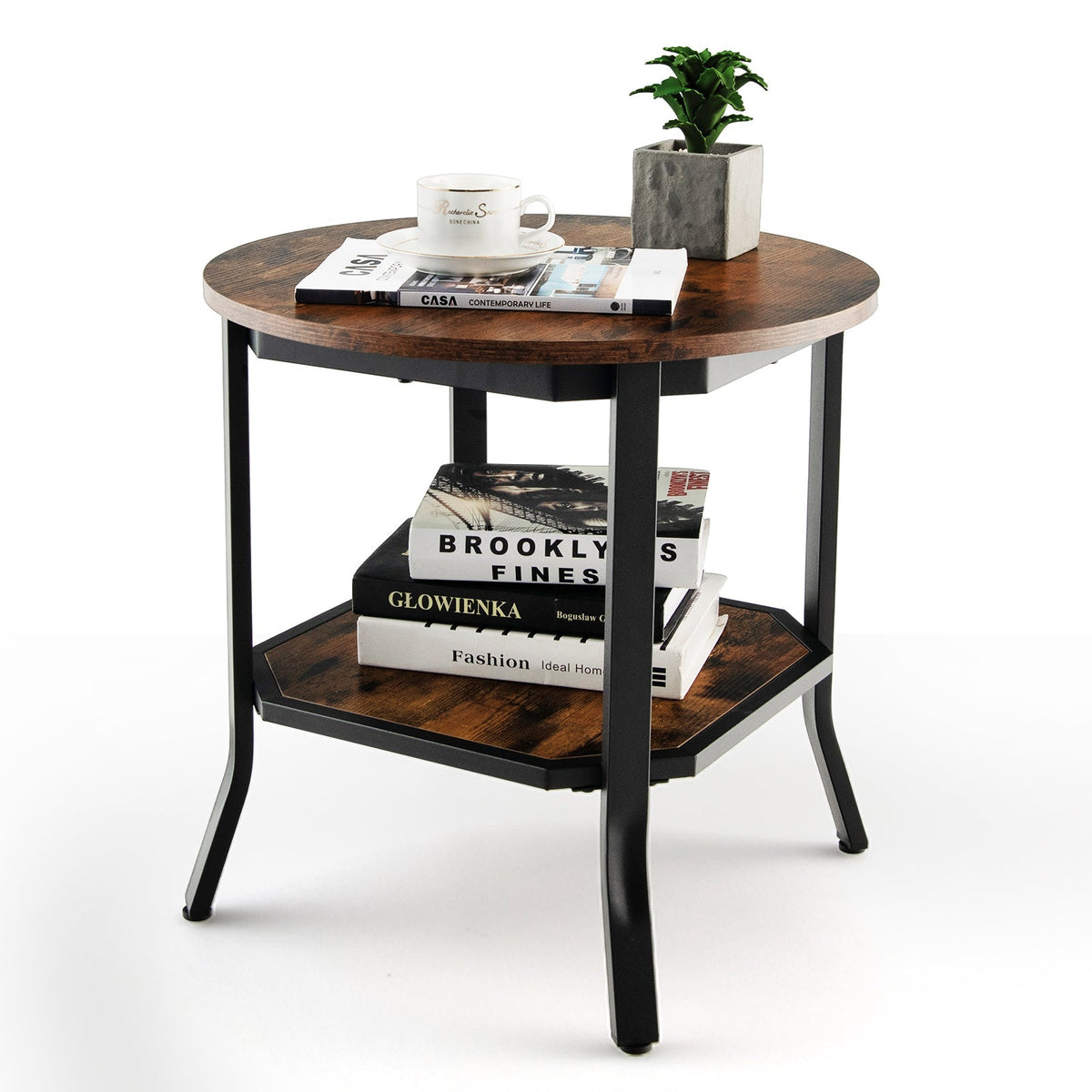 2-Tier Round End Table with Storage Shelf for Living Room-Brown