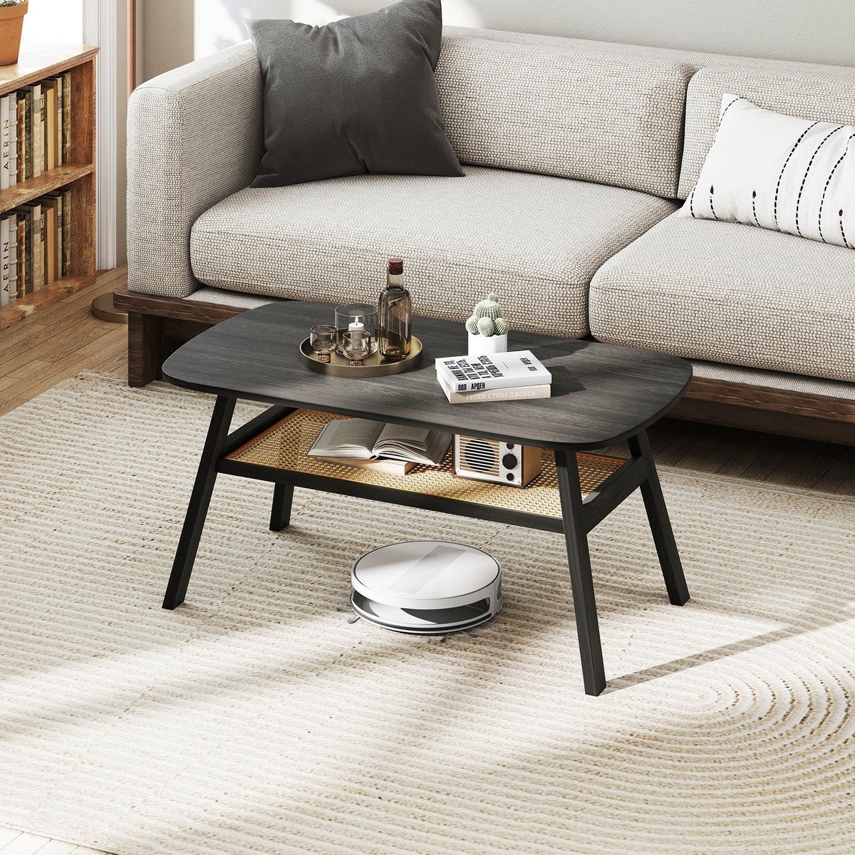 2-Tier Rectangular Center Coffee Table with Rattan Storage Shelf and Rubber Wood Legs-Dark Gray