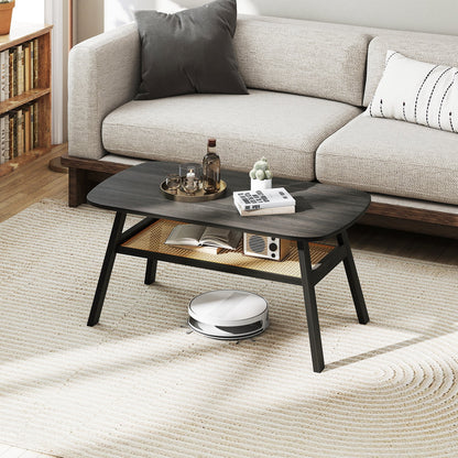 2-Tier Rectangular Center Coffee Table with Rattan Storage Shelf and Rubber Wood Legs-Dark Gray