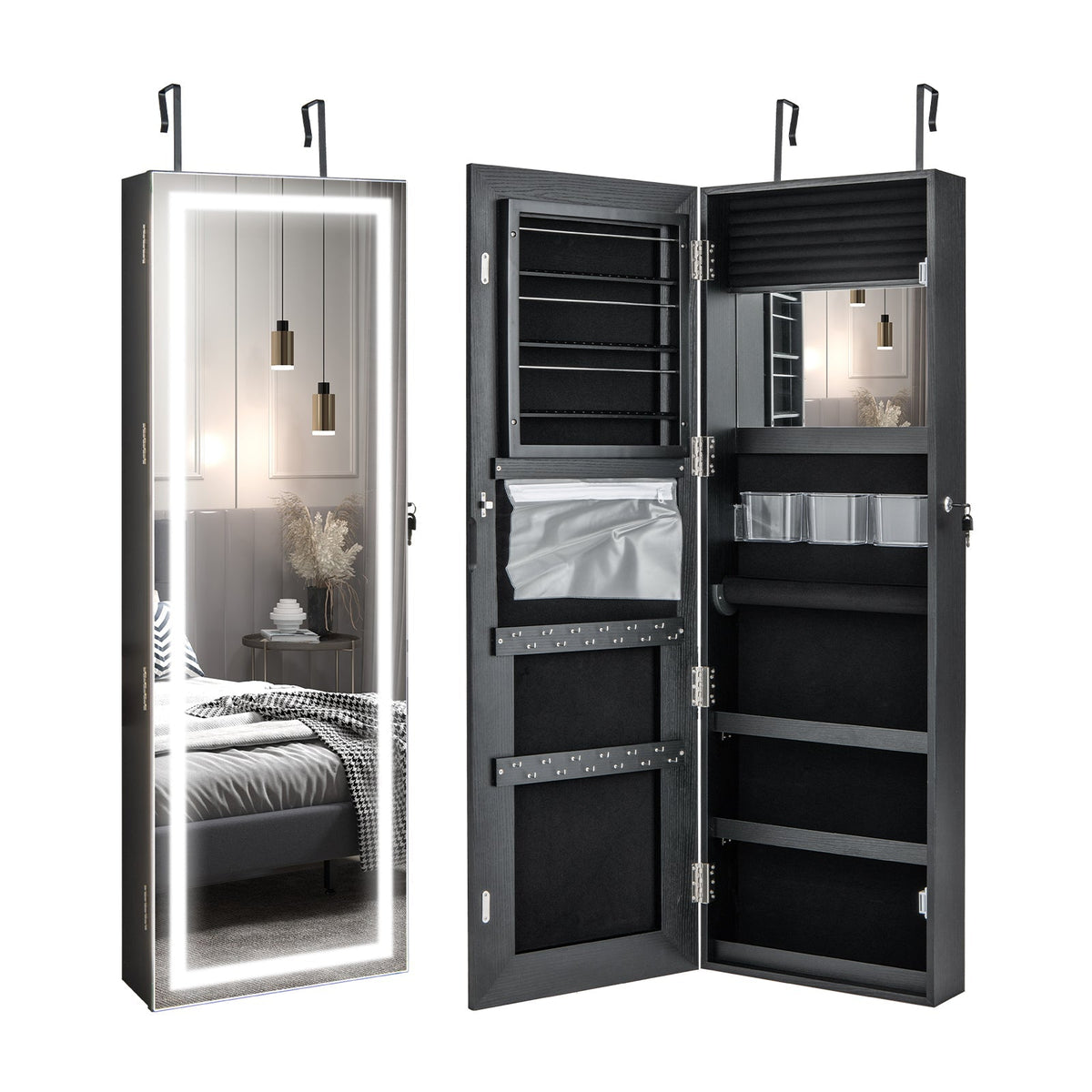 Mirrored Jewelry Armoire with Full Length Mirror and 2 Internal LED Lights