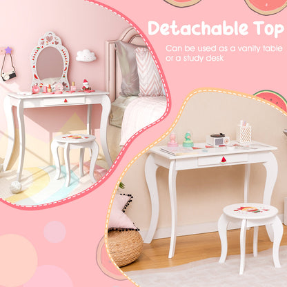 2 in 1 Children Pretend Makeup Vanity Set with Removable Mirror and Storage Drawer-White