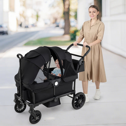2 Seater Push Pull Collapsible Kids Wagon Stroller with Adjustable Handlebars-Black