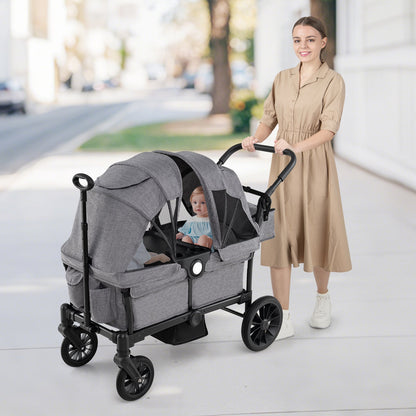 2 Seater Push Pull Collapsible Kids Wagon Stroller with Adjustable Handlebars-Gray