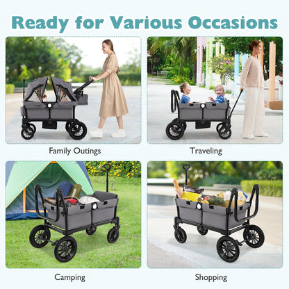 2 Seater Push Pull Collapsible Kids Wagon Stroller with Adjustable Handlebars-Gray