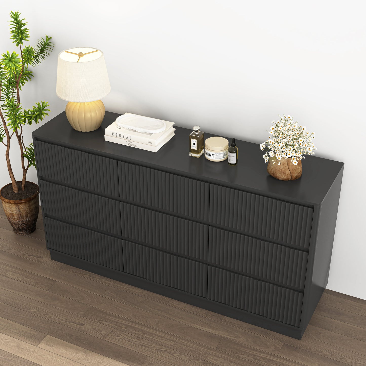 Mid-Century 9-Drawer Black Wave Dresser 59.1x15.7x31.6