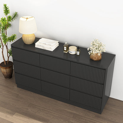 Mid-Century 9-Drawer Black Wave Dresser 59.1x15.7x31.6