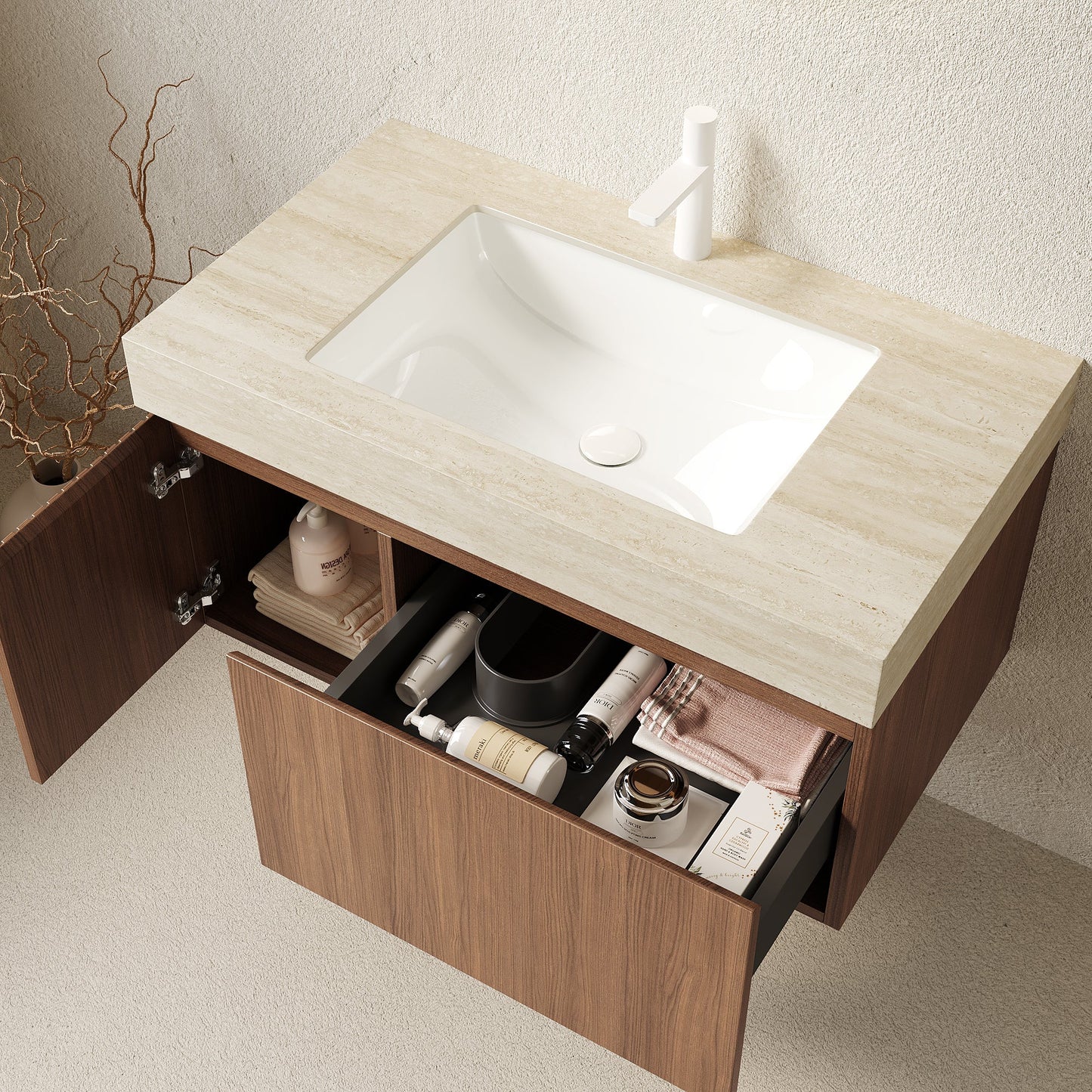 36' Bathroom Vanity with Sink, Floating Plywood Cabinet Roma Travertine Sintered Stone