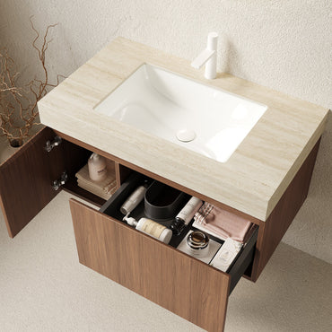 36' Bathroom Vanity with Sink, Floating Plywood Cabinet Roma Travertine Sintered Stone