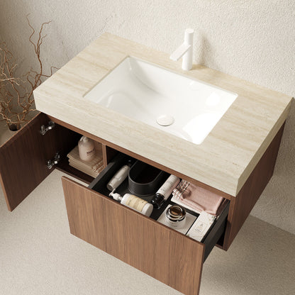 36' Bathroom Vanity with Sink, Floating Plywood Cabinet Roma Travertine Sintered Stone