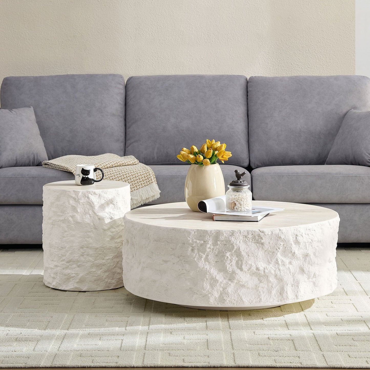 15.75 in Round Fiberglass Side Table, Imitation Stone Design, No Assembly, Beige