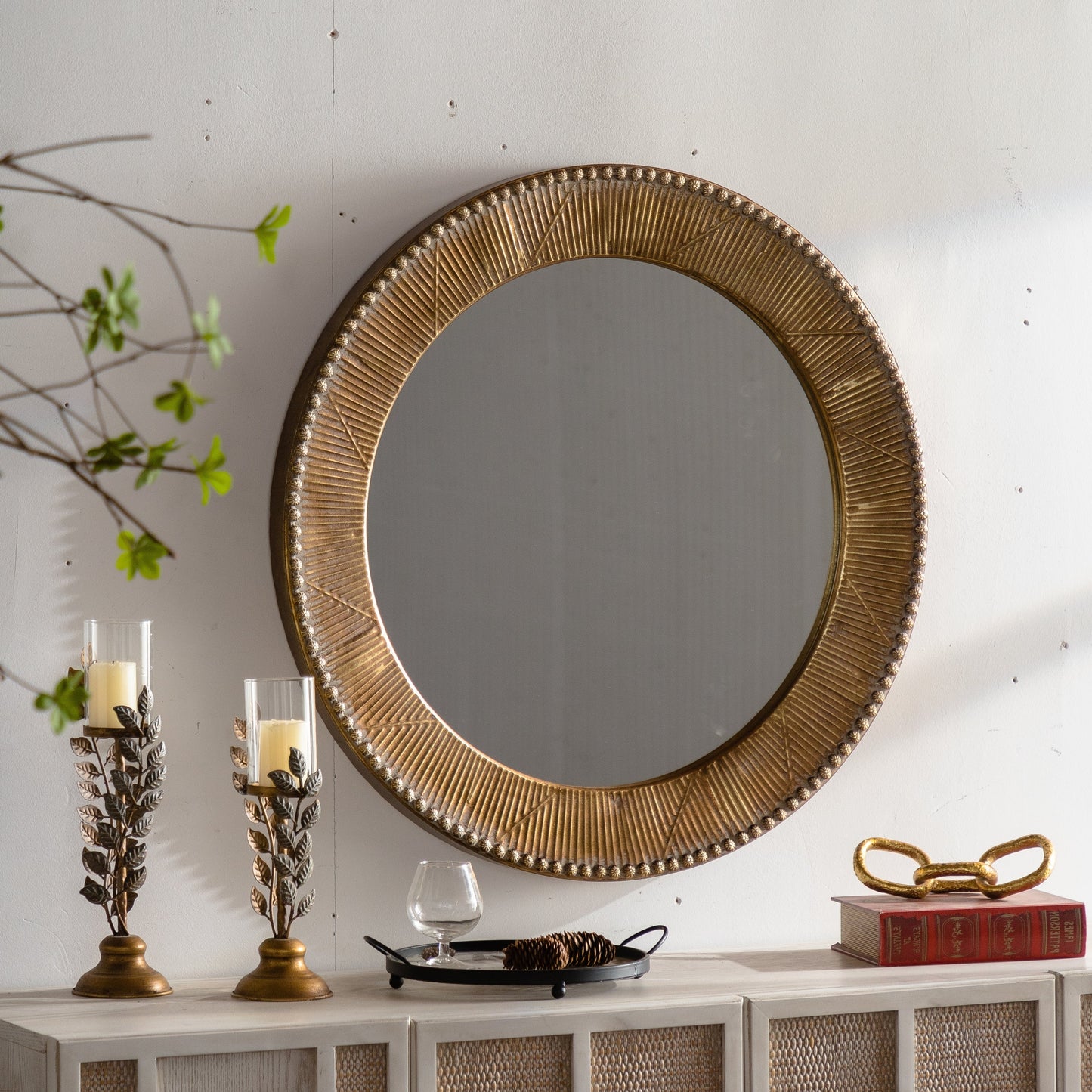Wall Mirror Round Gold Textured Iron Frame Boho Vintage 31.3 In