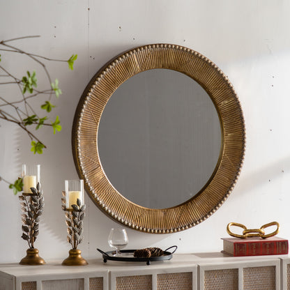 Wall Mirror Round Gold Textured Iron Frame Boho Vintage 31.3 In