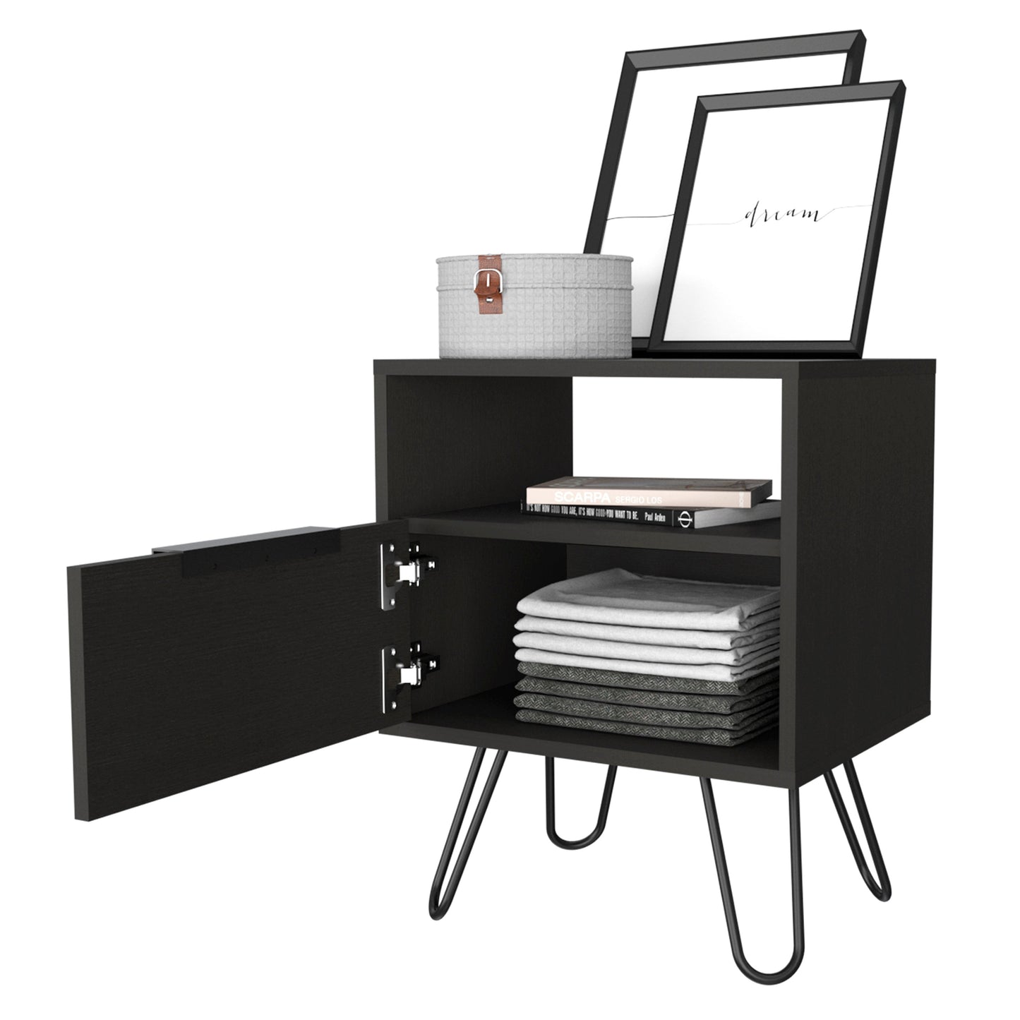 Set of 2 Modern Nightstands with Storage, Metal Legs, Wenge