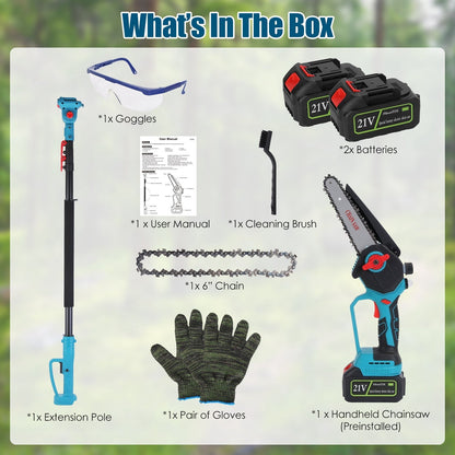 2-in-1 Cordless Pole & Mini Chainsaw, 21V 6" Brushless with Extension Pole & Auto Oiler