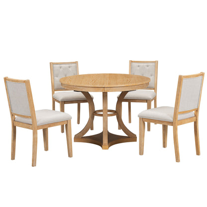 5-Piece Retro Functional Dining Table Set Extendable Round Table and 4