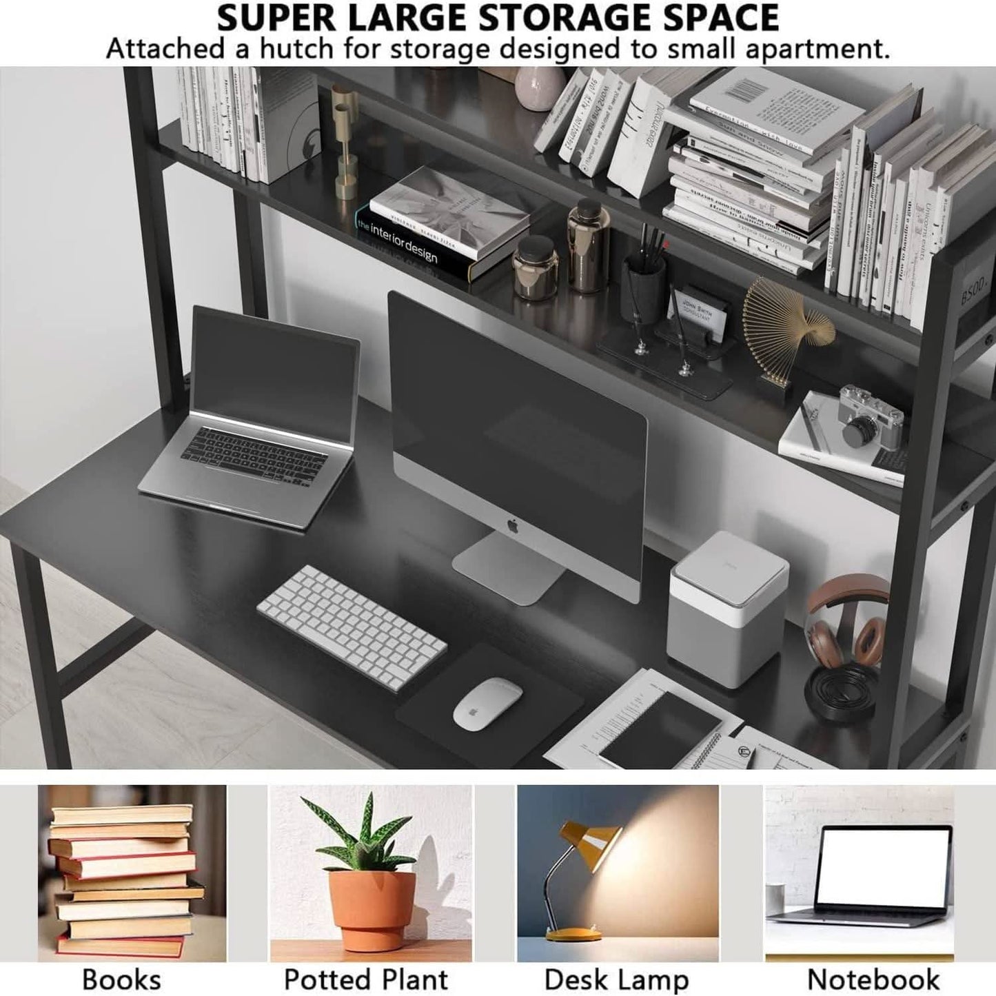 Black Computer Desk With Hutch And Bookshelf Extra Large Desktop